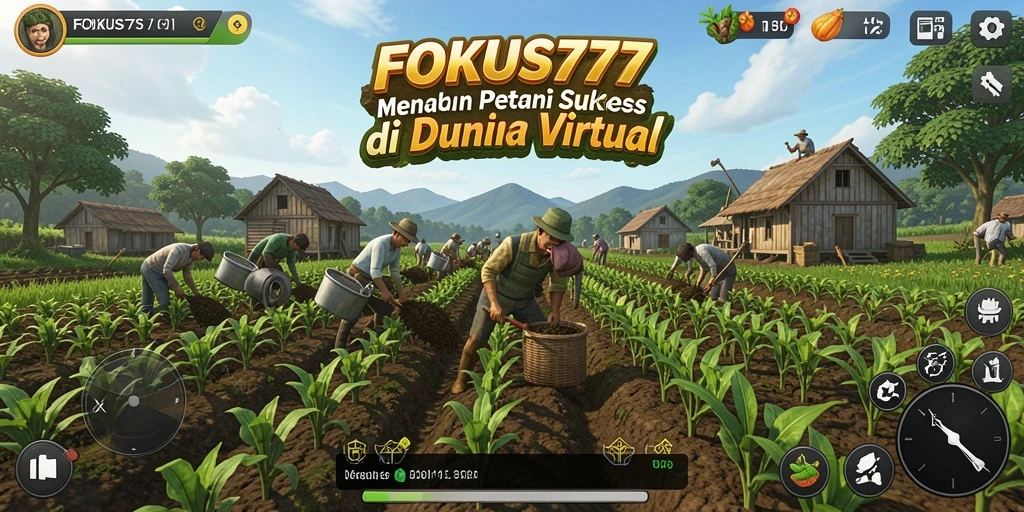 Screenshot gameplay FOKUS777 menampilkan ladang yang subur dan hewan ternak yang bahagia.