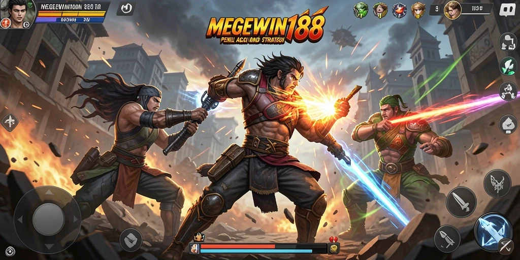 Screenshot gameplay MEGEWIN188 menampilkan pertarungan seru antara karakter.